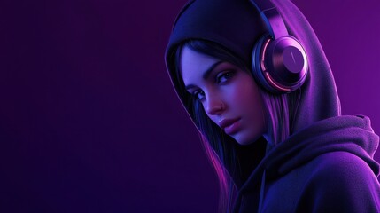 Stylish fashion teenager model wearing hoodie and headphones listening dj music dancing in purple...