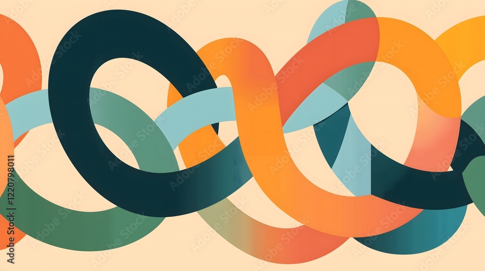 Poster interwoven, colorful abstract design with orange, teal, blue, green loops creating depth and complex