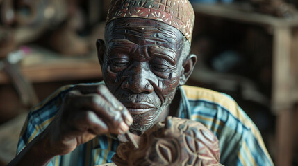 In Burkina Faso; a craftsman carves intricate designs into wooden masks; blending artistry with tradition to create pieces that preserve and reflect his cultural heritage.