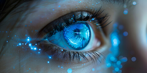 Close-up of a human eye with glowing blue digital elements and technology

