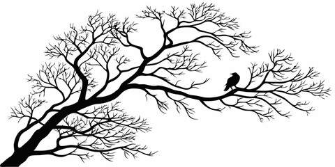 A monochromatic image depicts a bare-branched tree with a avian perched. Minimalist Silhouette of Bare Tree Branches - Elegant Black and White Design.