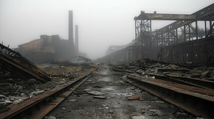 Abandoned Steel Mill with Rusted Beams and Desolation in Foggy Atmosphere
