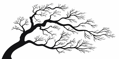 A monochromatic image depicts a bare-branched tree with a avian perched. Minimalist Silhouette of Bare Tree Branches - Elegant Black and White Design.