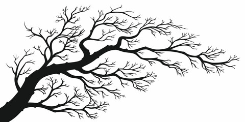 A monochromatic image depicts a bare-branched tree with a avian perched. Minimalist Silhouette of Bare Tree Branches - Elegant Black and White Design.