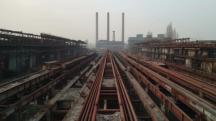 Abandoned Steel Mill with Rusted Beams and Desolate Rows Under a Hazy Sky