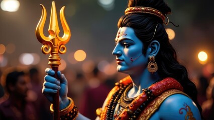 A depiction of Lord Shiva holding a golden Sacred Trident, set against a softly lit background. Concept of spirituality. Happy Maha Shivaratri. Hindu festival Maha Shivratri