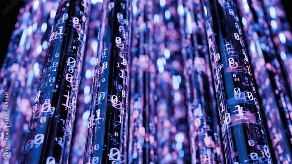 Poster Binary data transfer loop seamless animation. Depth of field effect. AI concept. Technology product background
