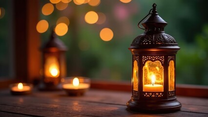 Several arabic ornate lanterns and candles are lit on a wooden surface with a bokeh background. Muslim holy month Ramadan Kareem concept. Eid al-Fitr