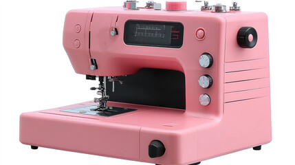 Pink compact sewing machine with digital display and various stitch settings.