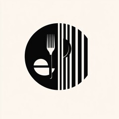 Black and white food icon with fork, spoon, and bowl, on a light background, use as logo