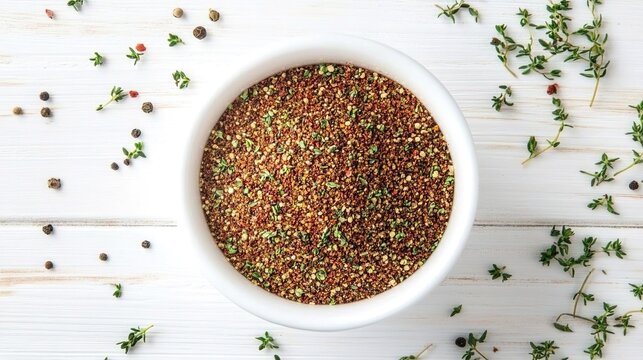 A top-down view of an empty white bowl filled with ground cumin, thyme, and pepper on a clean white wooden surface
