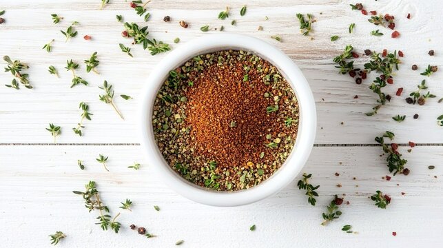 A top-down view of an empty white bowl filled with ground cumin, thyme, and pepper on a clean white wooden surface