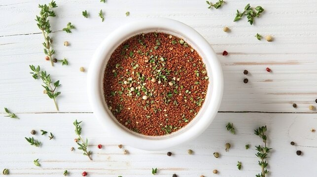 A top-down view of an empty white bowl filled with ground cumin, thyme, and pepper on a clean white wooden surface