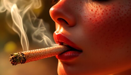 Woman Smoking Unique Cigar Warm Sunset Light Closeup