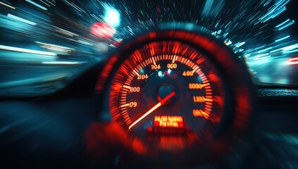 Blurred speedometer on a car, high-speed driving at night in the city with motion blur and light trails.