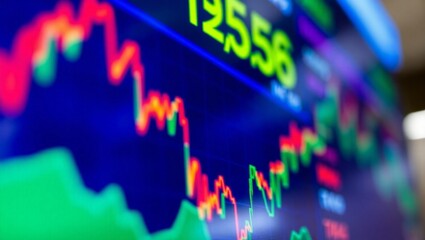 stock market chart, financial graph, blue glowing lines, digital display, trading data, economic indicators, candlestick pattern, price fluctuation, dark background, neon blue, data visualization, fin