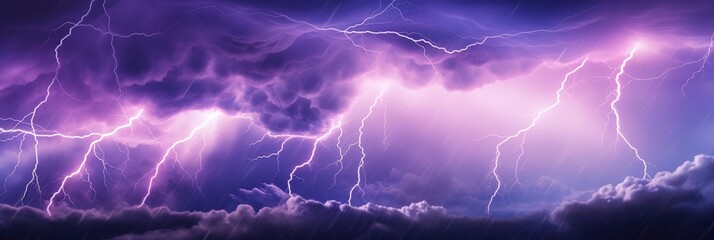 Dramatic Lightning Strikes in Thunderstorm Clouds Illuminating Night Sky with Captivating Purple Tones Overhead