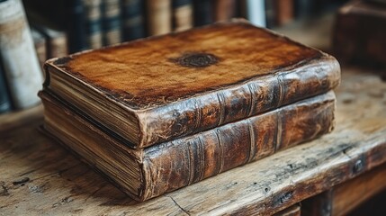 Obraz premium Two antique leather-bound books stacked on a wooden table. Aged, worn leather covers with visible texture. Books appear old and valuable. Background shows bookshelves filled with more aged books.