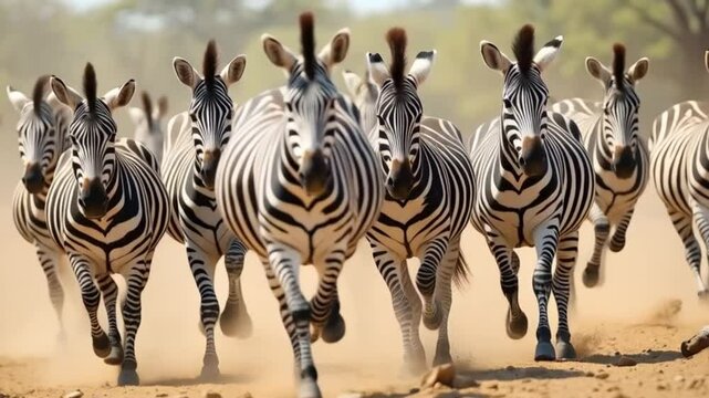 Herd of running zebras with striking black and white stripes in a dusty landscape
