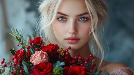 Blonde woman holding bright red bouquet for romantic floral design and gift inspiration