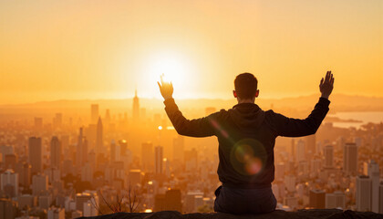 Motivated entrepreneur celebrating at sunrise, embracing success