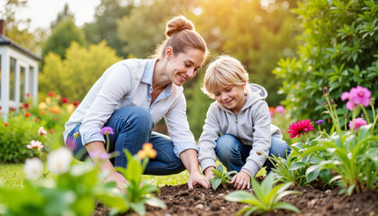 Fototapeta premium Mother and son planting flowers in garden, nurturing family bonds