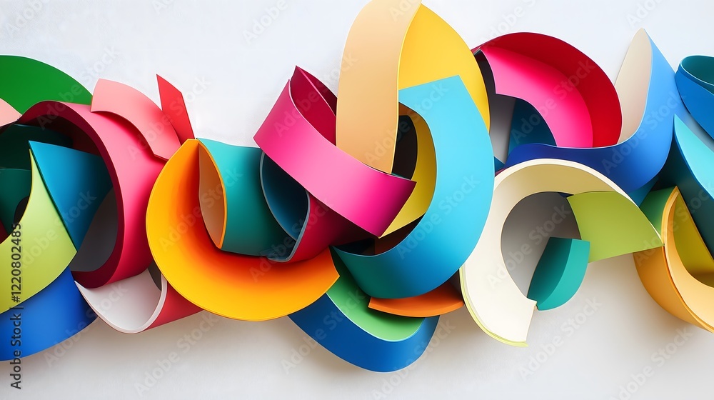 Poster intricate and vibrant arrangement of colorful curved paper strips creating dynamic abstract pattern