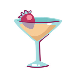 Strawberry cartoon summer cocktail in glass. Funny beach party alcohol drink or lemonade for love date. Valentines day, bar menu mascot, cartoon cute cocktail triangle cup vector illustration