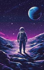 Obraz premium Astronaut's Cosmic Exploration: A solitary astronaut stands on an alien planet, gazing at a breathtaking celestial scene with vibrant nebulae and planets.
