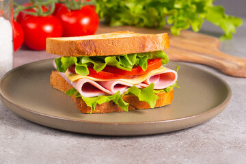 Close-up of two sandwiches with bacon, salami, prosciutto and fresh vegetables on rustic wooden cutting board. Club sandwich concept