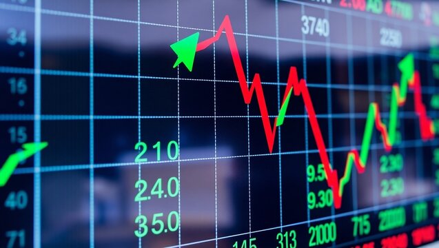 stock market chart, financial data visualization, glowing neon arrows, upward trend, green and red lines, digital display, dark background, futuristic interface, economic growth, investment analysis, 