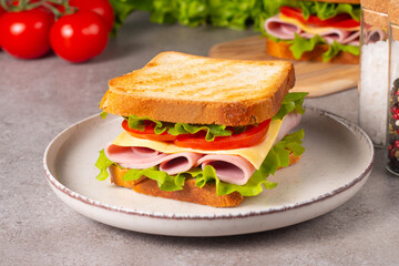 Close-up of two sandwiches with bacon, salami, prosciutto and fresh vegetables on rustic wooden cutting board. Club sandwich concept