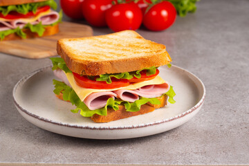 Close-up of two sandwiches with bacon, salami, prosciutto and fresh vegetables on rustic wooden cutting board. Club sandwich concept