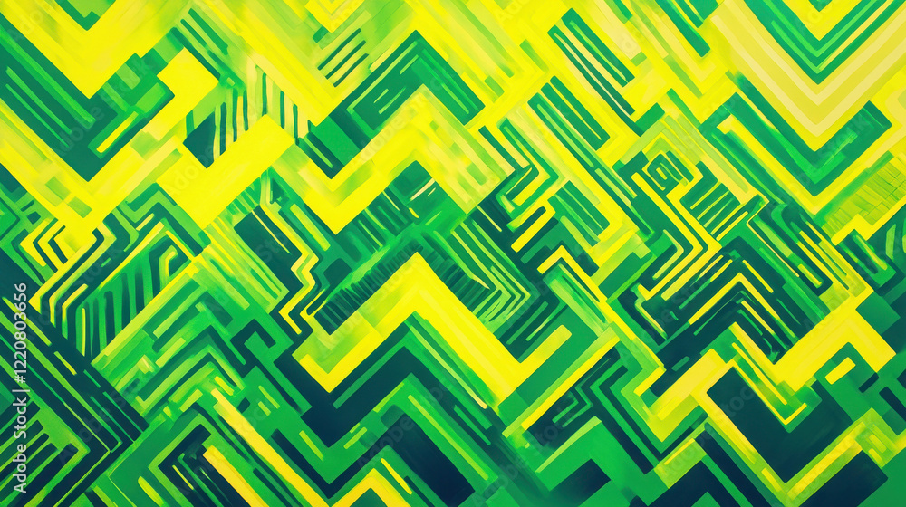 Poster energetic dynamic patterns with zigzag lines in vibrant green and yellow color palette