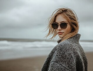 Photo of an attractive woman standing on the beach, wearing  sunglasses and an oversized coat, in a cloudy weather, looking at the camera.