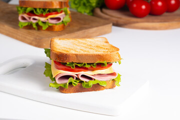 Close-up of two sandwiches with bacon, salami, prosciutto and fresh vegetables on rustic wooden cutting board. Club sandwich concept
