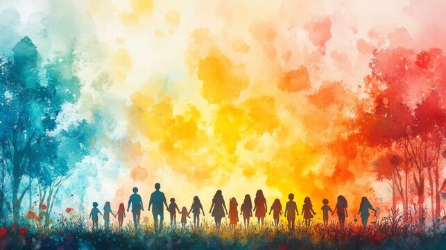 Watercolor Silhouette Family Walk against Vibrant Colorful Abstract Sky, Expressing Togetherness and Shared Journeys in Artistic Style