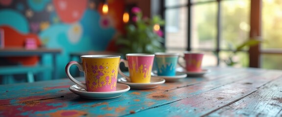 A delightful array of brightly colored cups sits on a rustic wooden table, bathed in warm sunlight filtering through large windows. The lively backdrop features playful patterns and hues, creating an