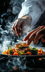 Culinary Artistry: A chef meticulously arranges a gourmet meal, presenting a steaming plate with precision and passion, showcasing the fine dining experience.