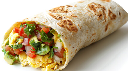 A satisfying breakfast burrito filled with fluffy scrambled eggs, melted cheese, tangy salsa, and creamy avocado, all wrapped in a warm tortilla