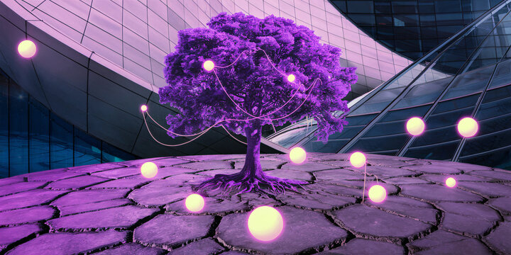 Cybernetic Bloom. A vibrant, surreal image featuring a purple tree with glowing orbs connected to its branches, set against a modern architectural backdrop. - Powered by Adobe