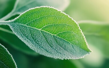 Close-up of an apple leaf with frost on it, macro photography, blurred background, macro lens, stock photo. --ar 8:5 --v 6.1 Job ID: 1ddaede3-b624-4fbf-85d4-89a9c6eb7300