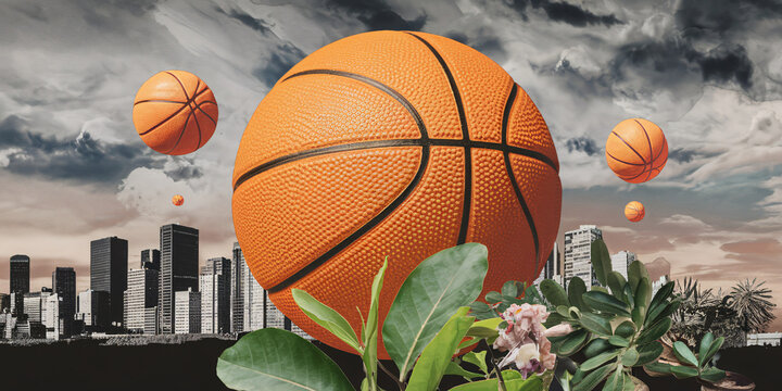 Urban Basketball Dreamscape. A surreal digital collage featuring oversized basketballs floating above a modern city skyline, blending sports with nature under a dramatic cloudy sky.