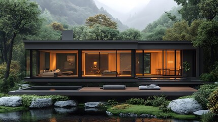 Obraz premium Countryside dwelling with black steel frame, warm wooden decor, elevated structure, open ground space, 8K high-resolution realistic images,