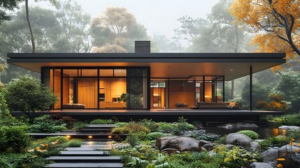 Fototapeta premium Countryside dwelling with black steel frame, warm wooden decor, elevated structure, open ground space, 8K high-resolution realistic images,