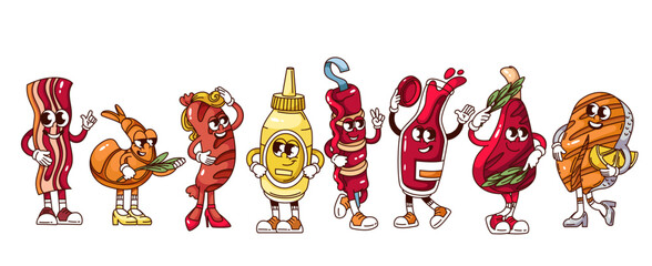 Fototapeta premium Groovy BBQ party cartoon characters set. Funny retro meat and salmon steak, sausage, ketchup and mustard bottle, kebab on skewer. BBQ mascot, cartoon barbeque stickers of 70s 80s vector illustration