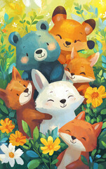Enchanted Forest Friends: A gathering of whimsical, illustrated forest animals - a bear, rabbit, and foxes, surrounded by vibrant flowers, radiate friendship.