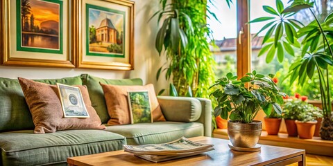 Fototapeta premium Luxurious Living Room Interior with Euro Banknotes Displayed in Elegant Frames