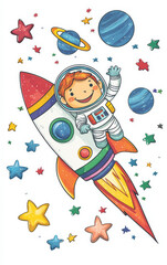 Astronaut's Space Adventure: Embark on an exciting journey with a cartoon astronaut soaring through space on a vibrant rocket, surrounded by celestial wonders.