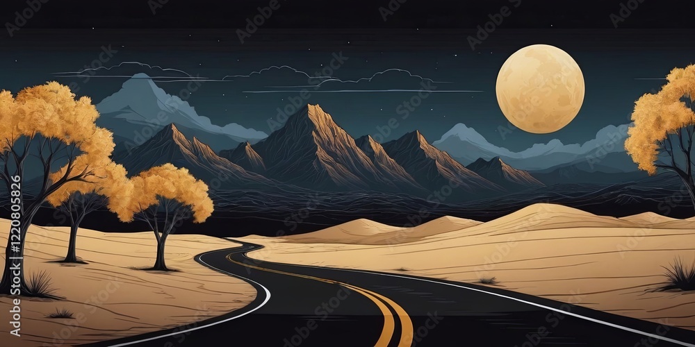 Poster a mountain range with a road in the middle and a large moon in the sky